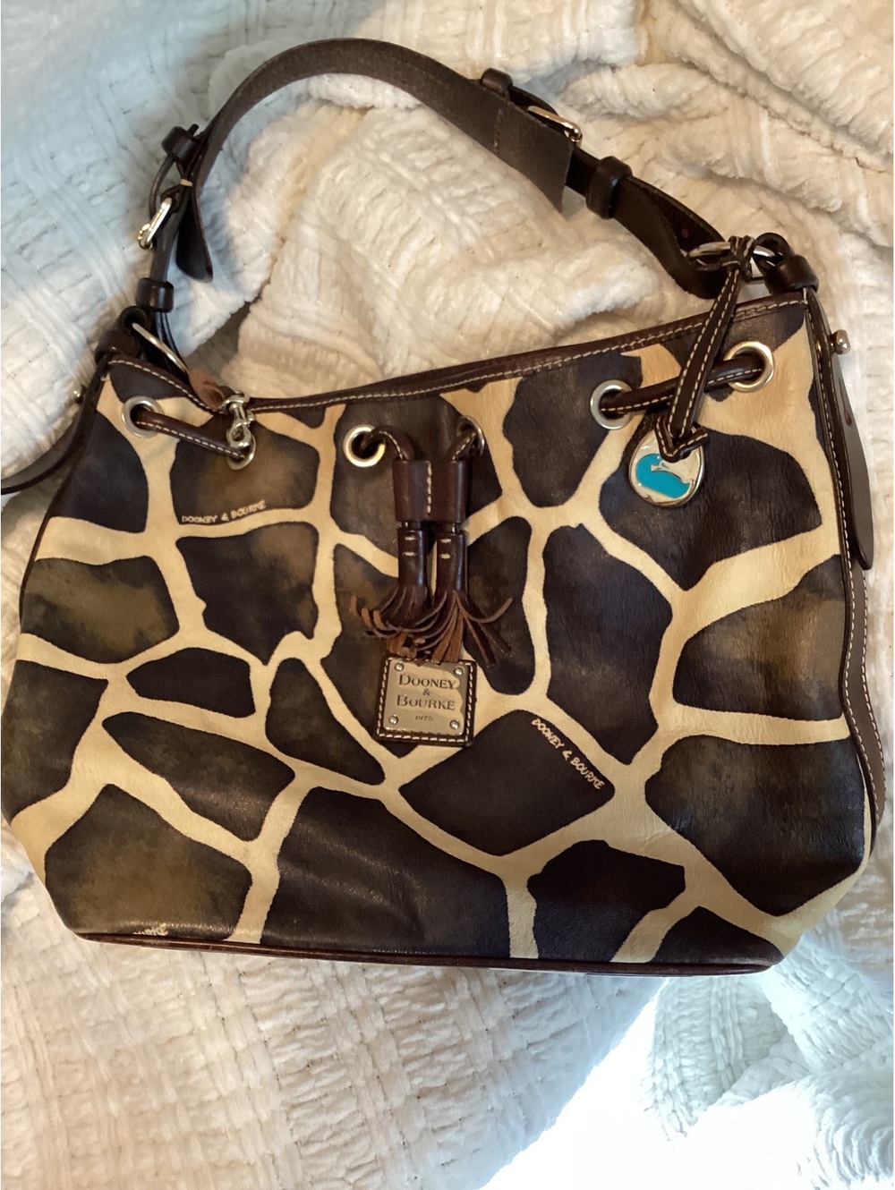 Dooney & Bourke Vintage Leather Giraffe Print Cinch Shoulder Bag Medium Size